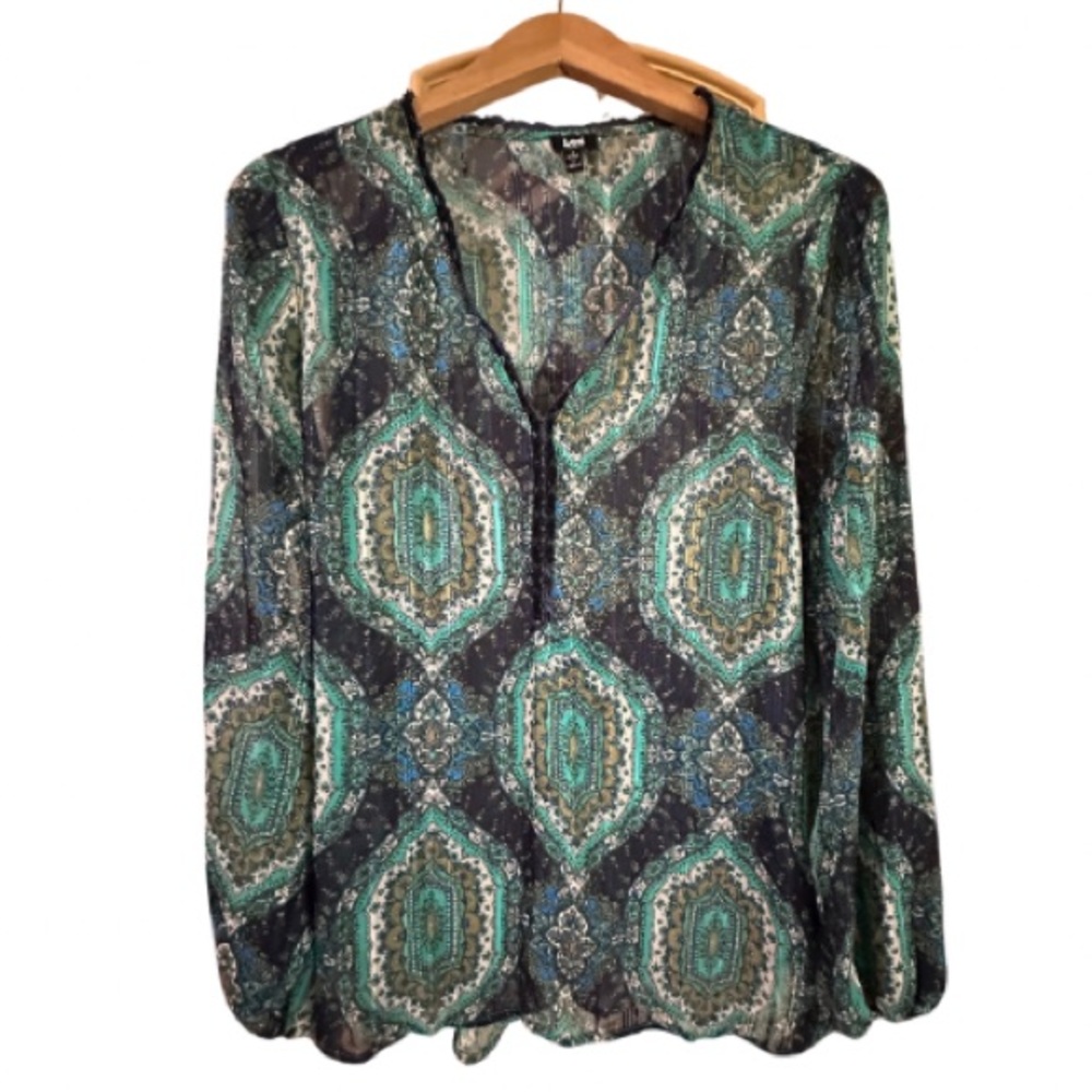 Lee Women’s Sheer Navy Teal Silver Top Balloon Sleeve V-Neck Size Small